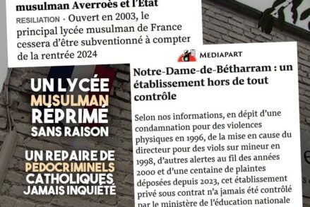 Deux titres de presse comparés : Un lycée musulman réprimé sans raison et un repaire de pédocriminels catholique jamais inquiété.