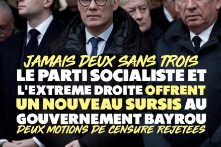 Olivier Faure et François Bayrou cote à côte, Bardella en arrière plan.