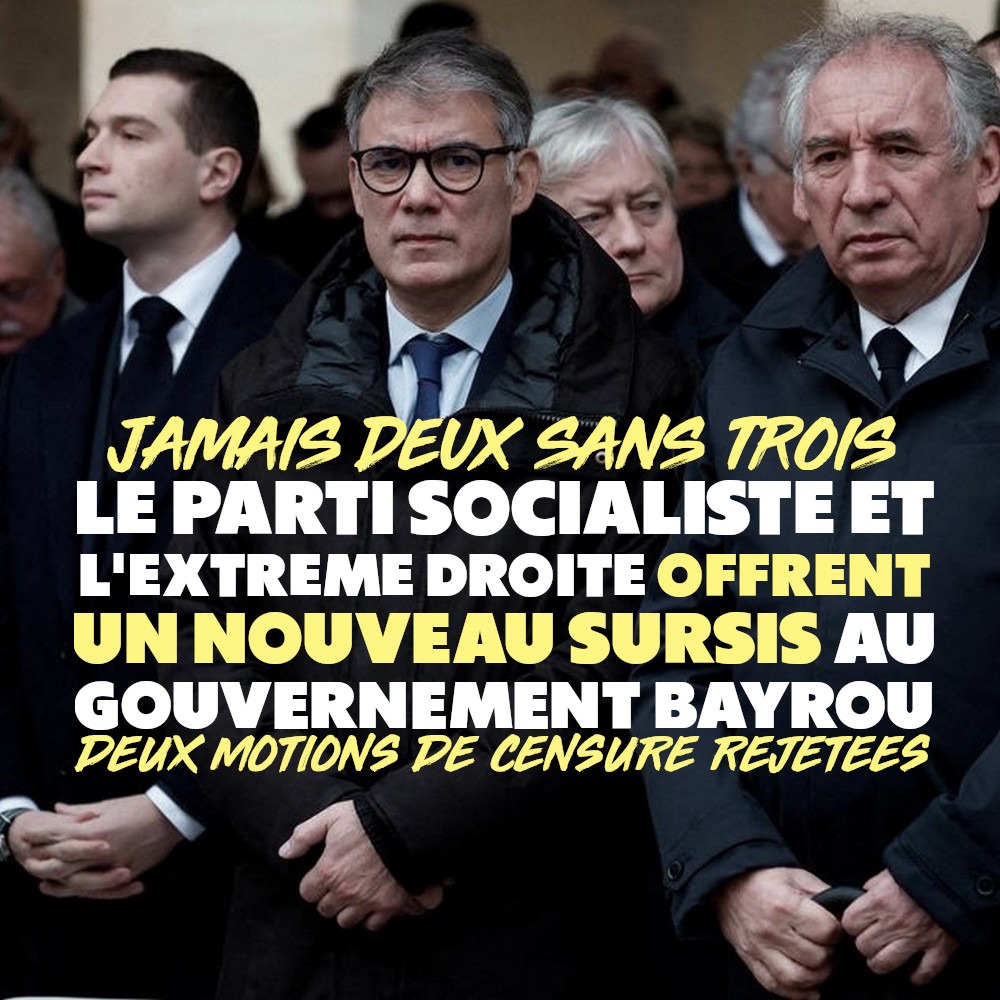 Olivier Faure et François Bayrou cote à côte, Bardella en arrière plan.