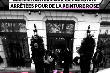 De la peinture rose déversée devant les salons Hoche à Paris pour soutenir la Palestine occupée.