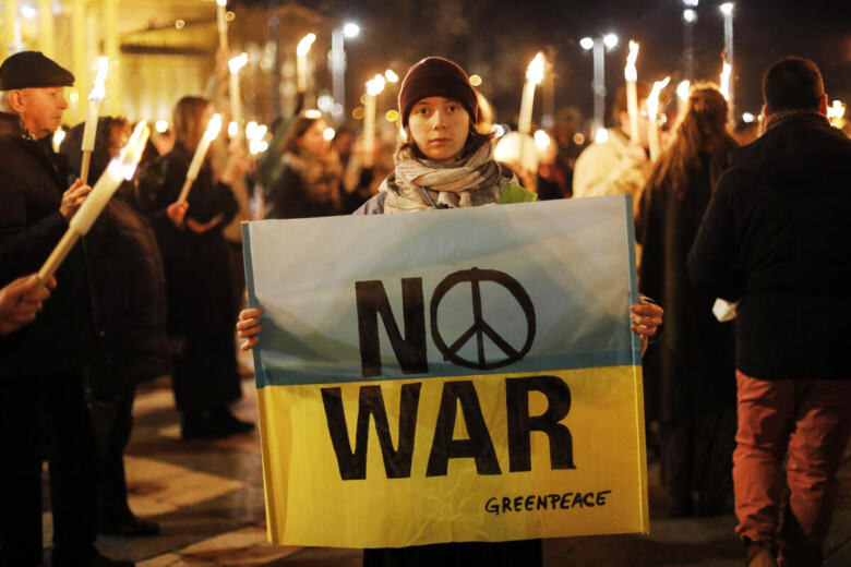 Peace Sign in Heroes’ Square, Budapest against the War in Ukraine.