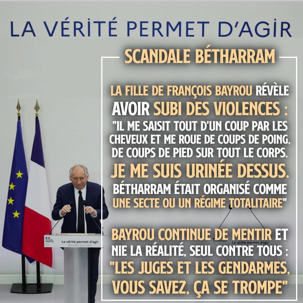 François Bayrou, notable de Pau, catholique réac et dont les enfants ont été scolarisés à Bétharram, fait un discours en tant que Premier Ministre devant un pupitre où s