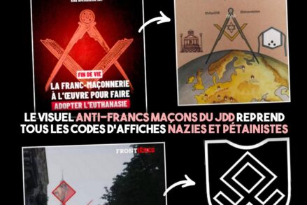 Une couverture du JDD recycle les campagnes anti-maçonniques du nazisme et du pétainisme tandis que le média Frontières affiche une rune d