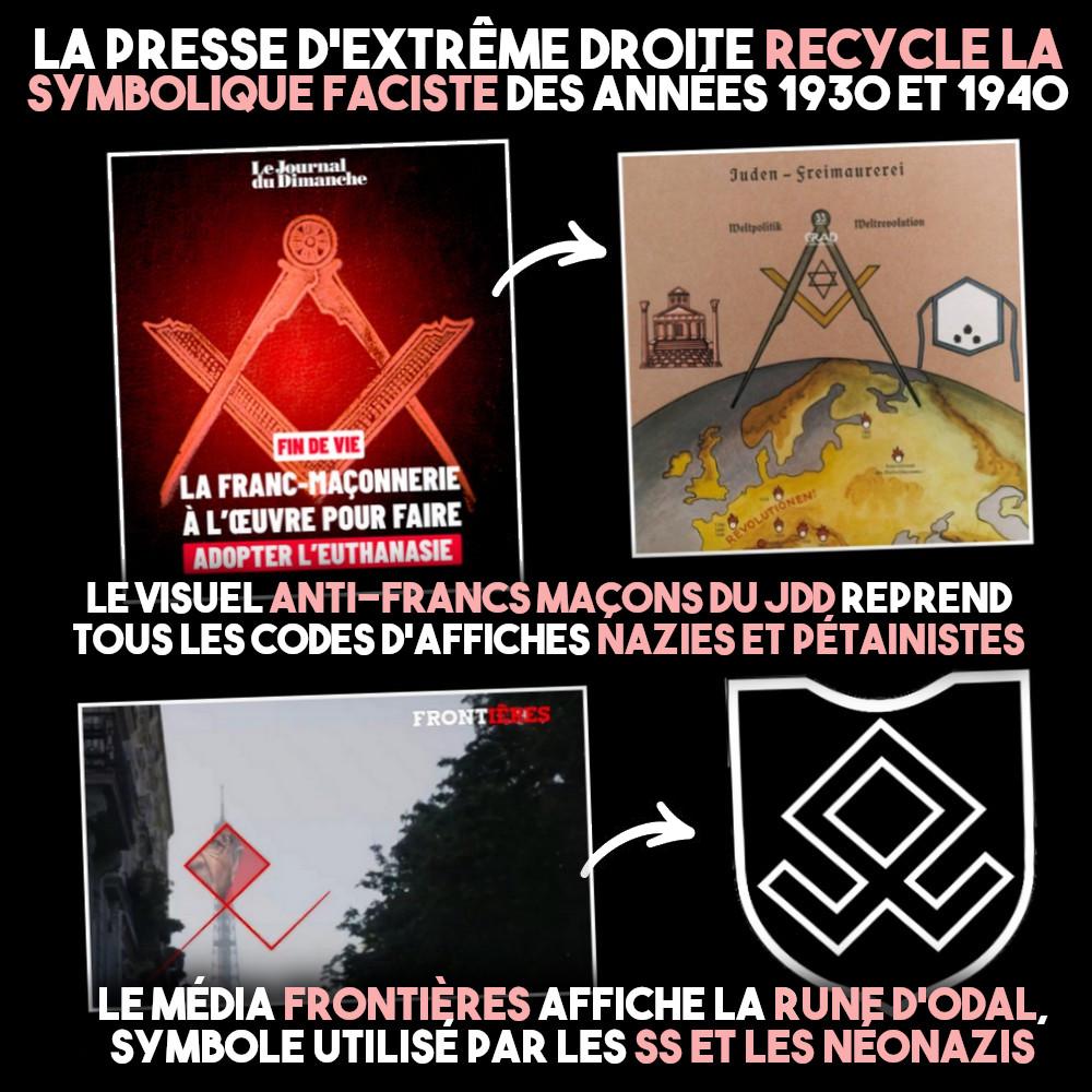 Une couverture du JDD recycle les campagnes anti-maçonniques du nazisme et du pétainisme tandis que le média Frontières affiche une rune d
