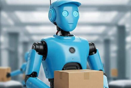 Image d'un robot bleu portant un colis pour illustrer les emplois qui pourraient être confiés à l'intelligence artificielle (IA)