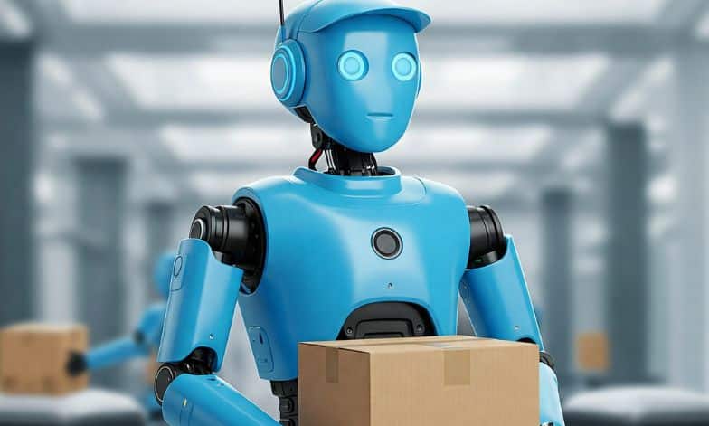Image d'un robot bleu portant un colis pour illustrer les emplois qui pourraient être confiés à l'intelligence artificielle (IA)