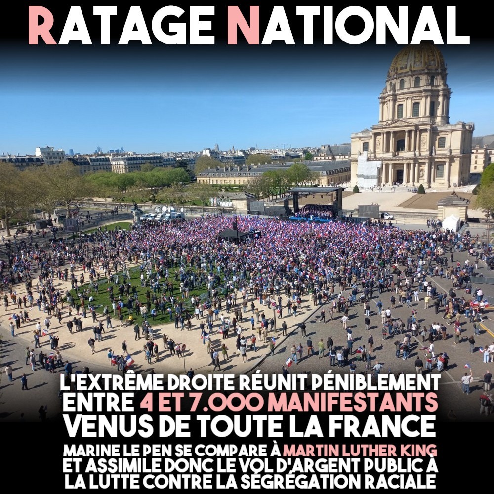 La place Vauban clairsemée, avec à peine quelques milliers de personnes devant les invalides pour soutenir le RN. Au-dessus, le titre "Ratage National".