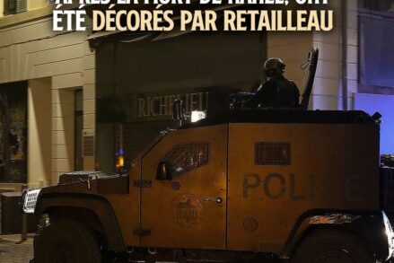 Un blindé du RAID dans les rues de Marseille en 2023 : 5 de ces policiers ont reçu une médaille pour avoir réalisé leur sale besogne.
