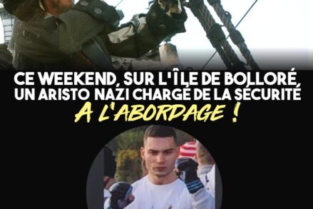 Un pirate observe le rivage dans sa longue vue : il y voit Marc de Cacqueray-Valménier avec des gants de boxe et un insigne nazi.