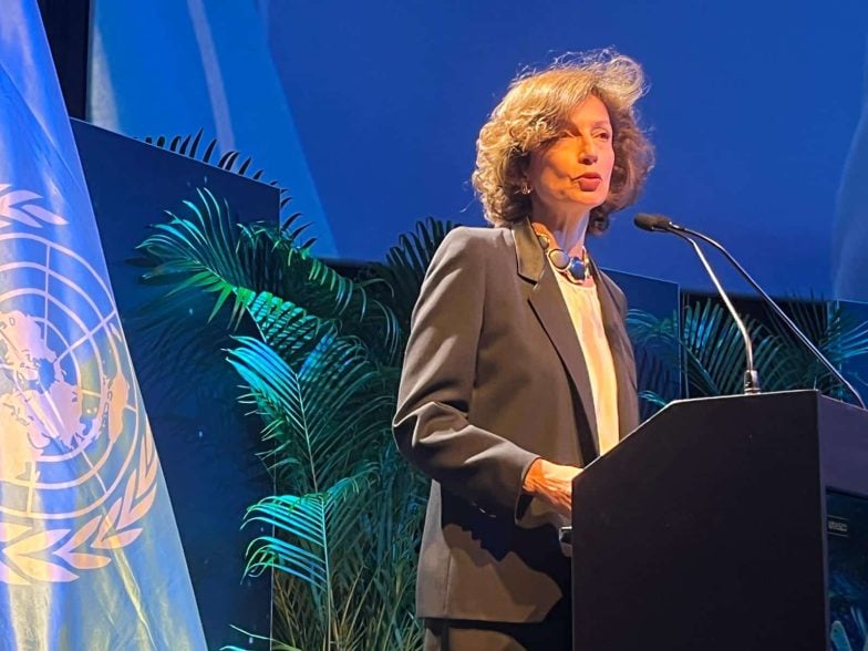 Audrey Azoulay, la Directrice générale de l'UNESCO, le 7 mai à Bruxelles pour la Journée mondiale de la liberté de la presse. Photo : UNRIC.
