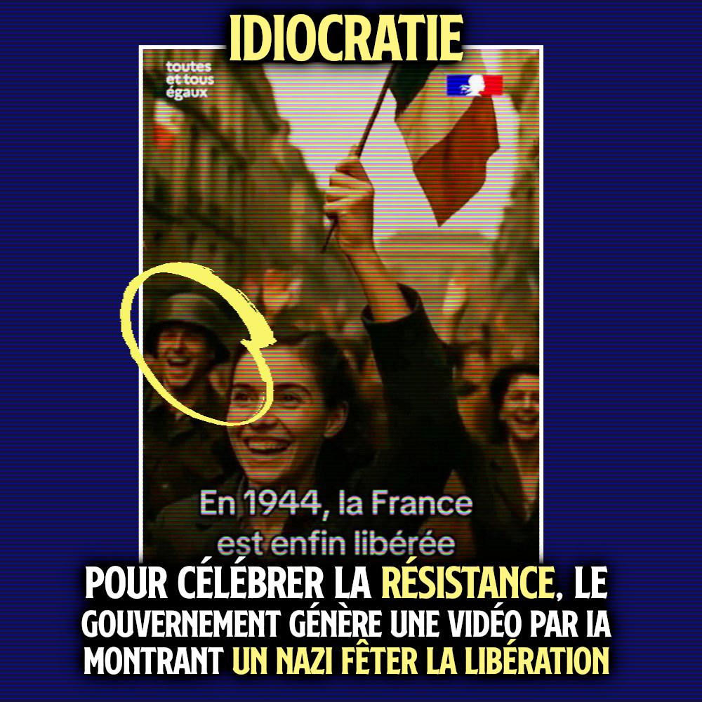 Sur la vidéo du SIG, générée par IA, un soldat de la Wehrmacht fêter la Libération avec la Résistance.
