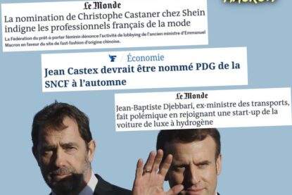 Macron fait coucou alors que Castaner, derrière lui, tente un regard de ministre beau gosse : des déchets qui ne sont pas si difficile que ça à recycler.