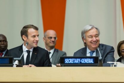 Emmanuel Macron, président français et António Guterres lors d'un sommet sur l'Education au siège des Nations Unies