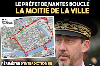 Le préfet de Nantes Fabrice Rigoulet-Roze avec, à côté, une carte de la zone interdite dans le centre-ville.