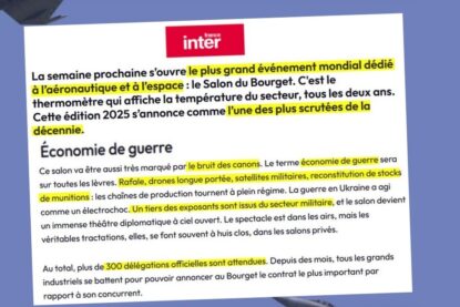 Des avions de chasse au Salon du Bourget avec, au premier plan, le publi-reportage de France Inter.