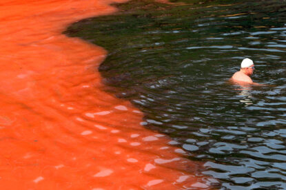 Un nageur arrêté par un bloom d’algues rouges (plage de Covelly, à Sydney, Australie) © William West / AFP