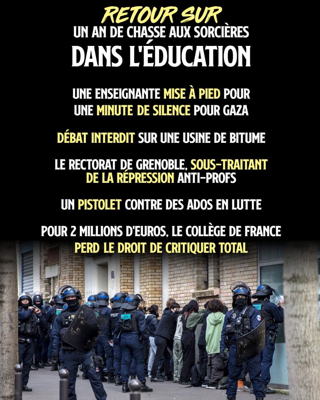 Des lycéen-nes aligné-es contre le mur de leur école par des policiers : une image de la chasse aux sorcières qui a lieu dans l