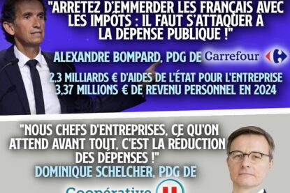 Alexandre Bompard et Dominique Schelcher, deux patrons de la grande distribution qui veulent sucrer les dépenses publiques, mais pas les aides aux entreprises.