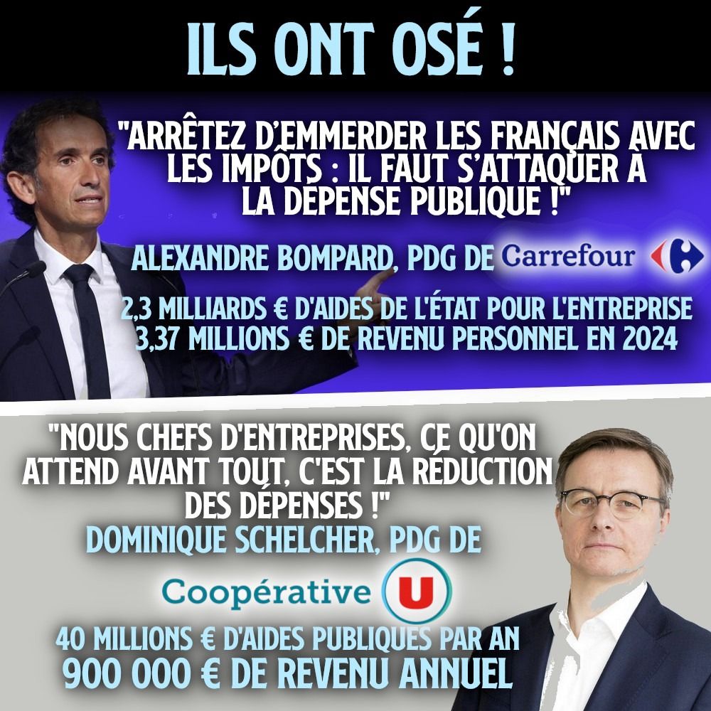 Alexandre Bompard et Dominique Schelcher, deux patrons de la grande distribution qui veulent sucrer les dépenses publiques, mais pas les aides aux entreprises.