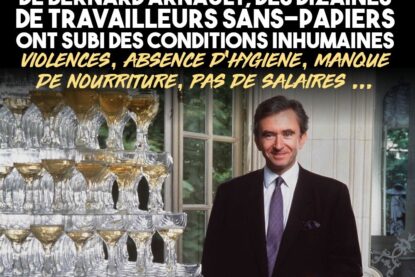 Bernard Arnault face à une fontaine de champagne : un liquide luxueux produit dans des conditions inhumaines.