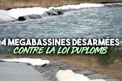 Deux photos de mégabassines dont le plastique a été tailladé au cutter contre la loi Duplomb et l