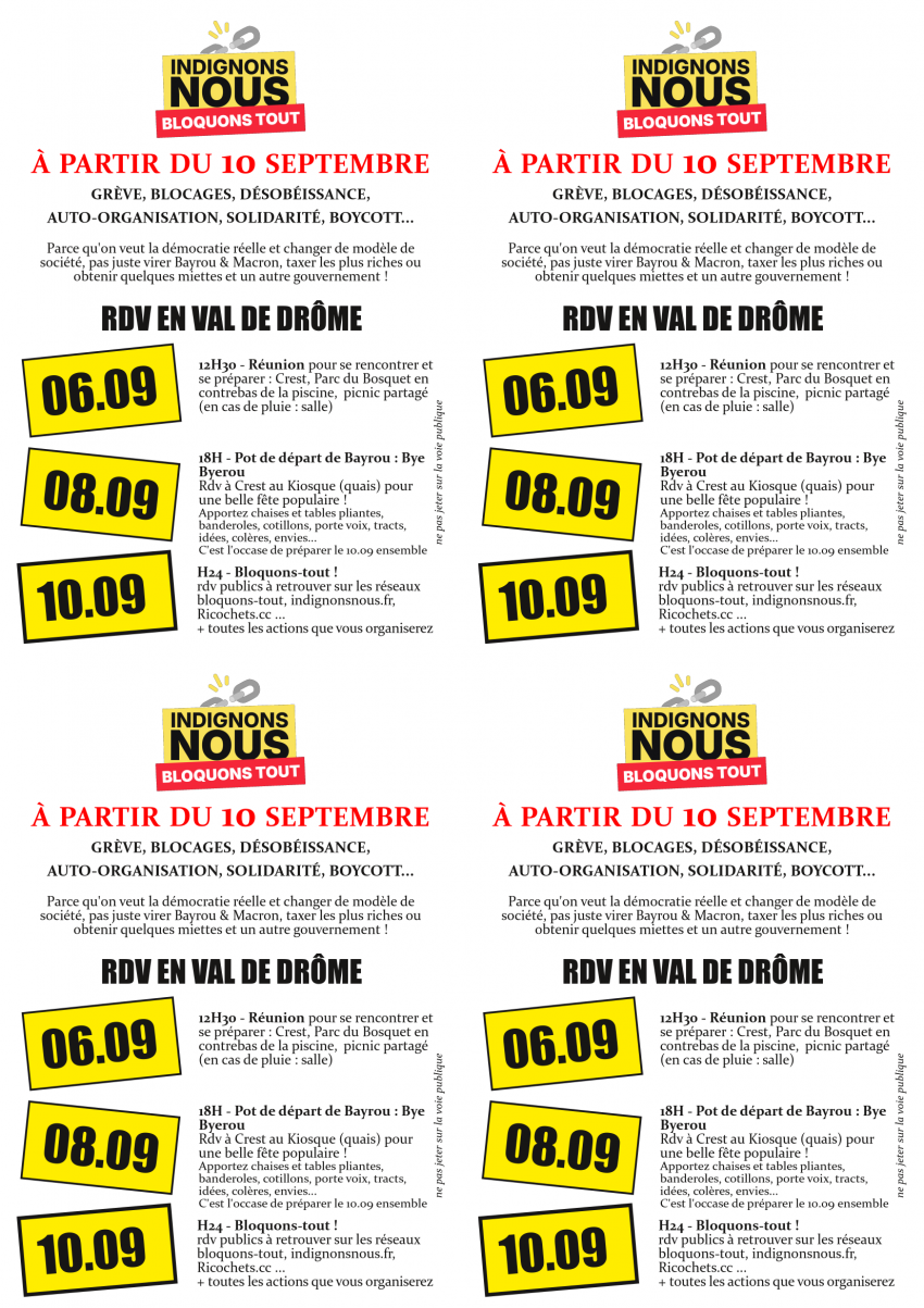 Crest le 08 septembre : Pot de départ de Bayrou et rencontre pour préparer le 10 septembre