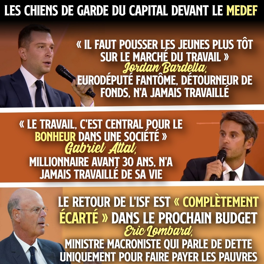 Jordan Bardella, Gabriel Attal et Éric Lombard à l