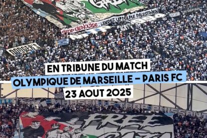 Le virage du Stade Vélodrome arbore un grand tifo "Free Gaza" pour le match contre le Paris FC.