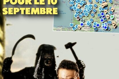 La fameuse scène du film "La cité de la peur" où un personnage menacé de mort indique au téléphone que "ça va trancher chérie", face à une carte de France énumérant les assemblées populaires préparant le 10 septembre.