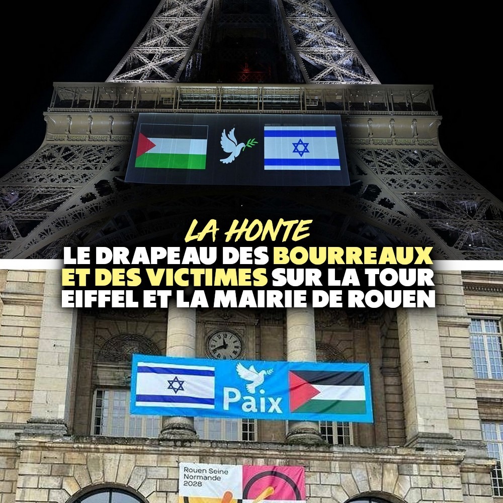 Sur la tour Eiffel et sur la mairie de Rouen, les drapeaux de la Palestine et d