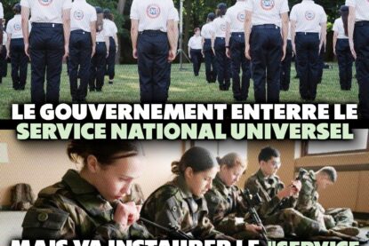 Deux images du SNU où des jeunes se tiennent au garde-à-vous devant le drapeau français tandis que d