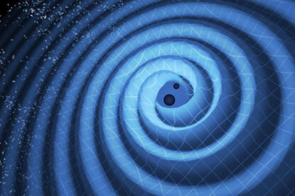 Illustration de la fusion de deux trous noirs et les ondes gravitationnelles qui se propagent vers l’extérieur