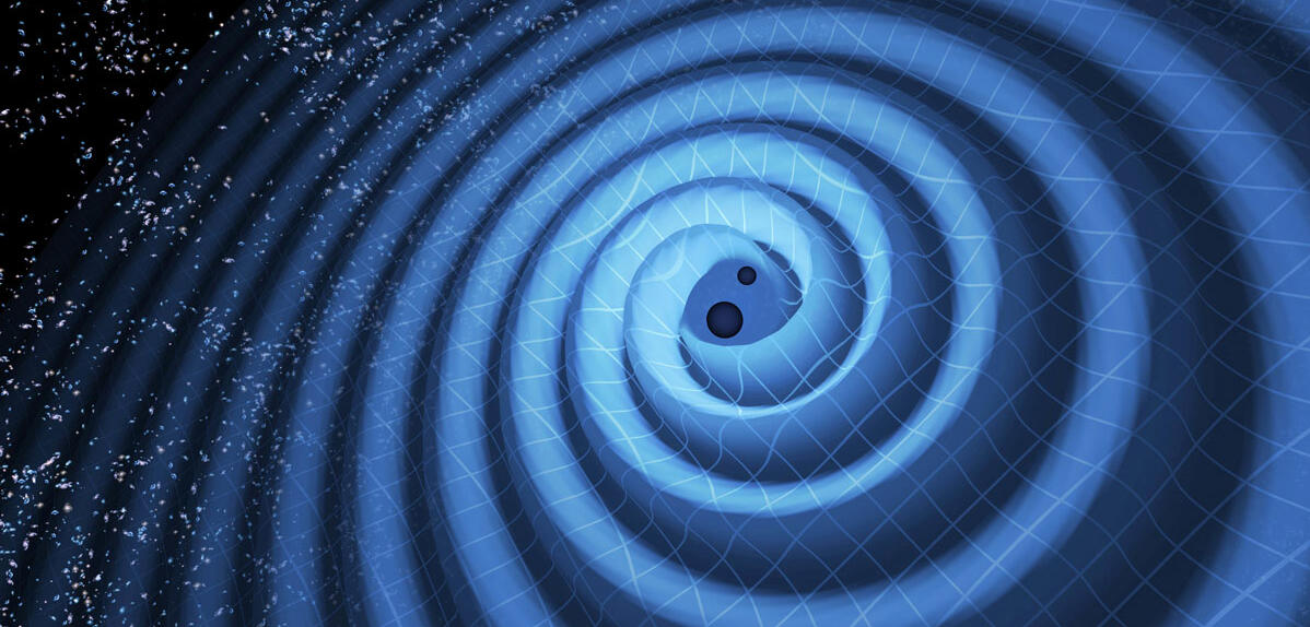 Illustration de la fusion de deux trous noirs et les ondes gravitationnelles qui se propagent vers l’extérieur