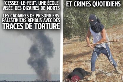 À gauche, Gaza sous les bombes malgré le cessez-le-feu, à droite un colon après avoir frappé une femme avec un bâton alors qu