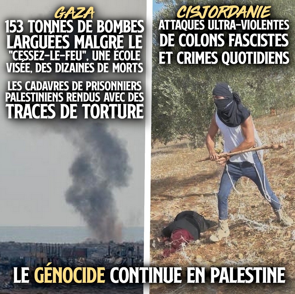 À gauche, Gaza sous les bombes malgré le cessez-le-feu, à droite un colon après avoir frappé une femme avec un bâton alors qu