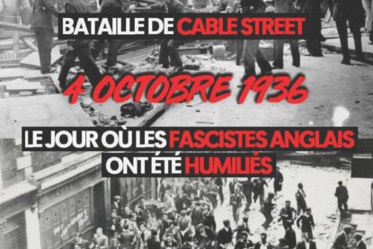 Deux images de la bataille de Cable Street, en 1936 : la police attaquant une barricade et la foule qui accoure pour les repousser.