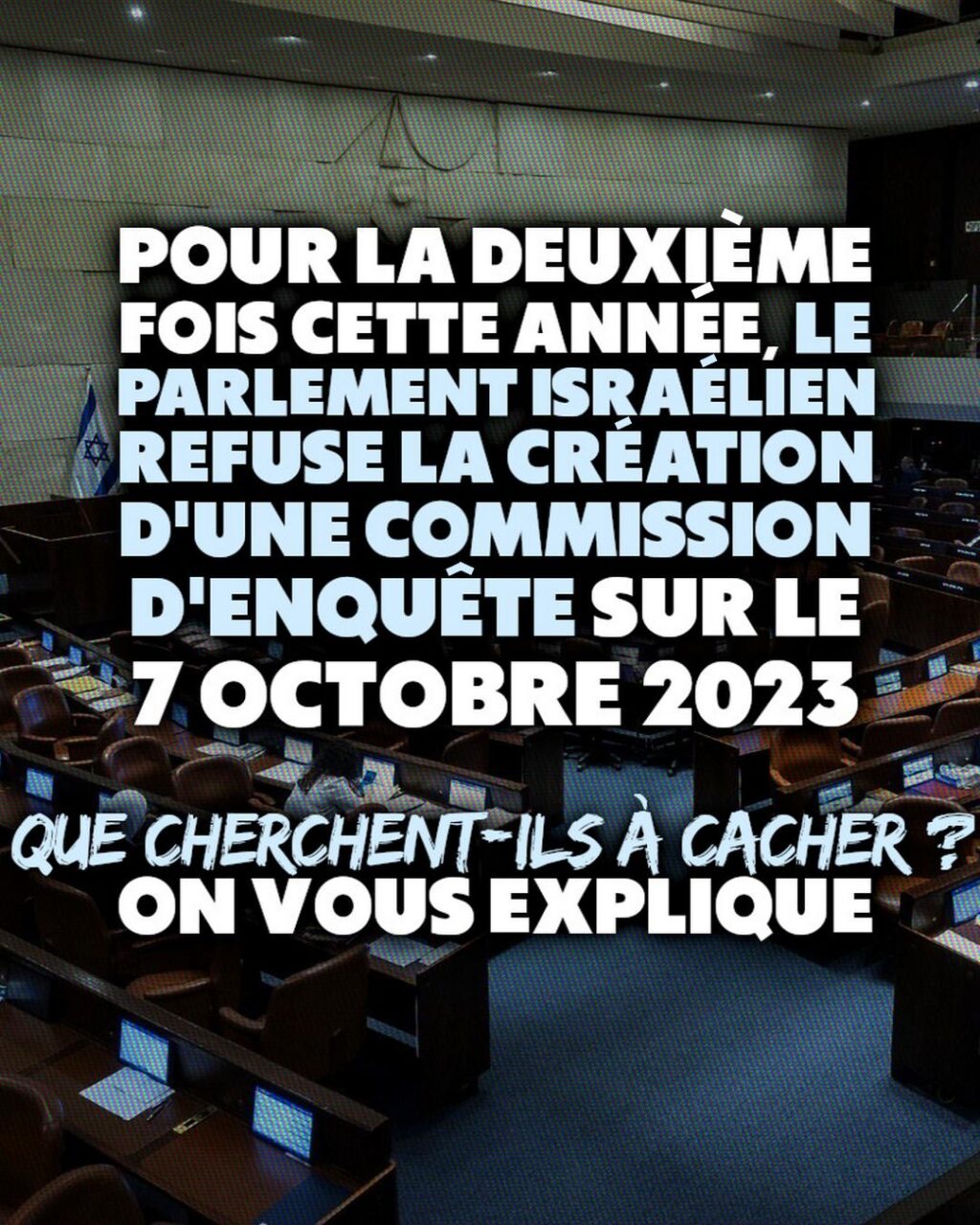 Mercredi 22 octobre à la Knesset, le parlement israélien. Tous les membres issus de la coalition au pouvoir ont voté contre l