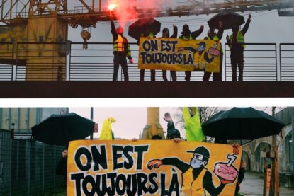 Une banderole proclame "On est toujours là" devant la grue jaune de Nantes pour les 7 ans des Gilets Jaunes.