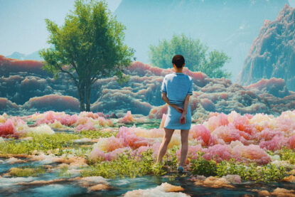 paysage virtuel de montagnes et de végétation aux couleurs acidulées