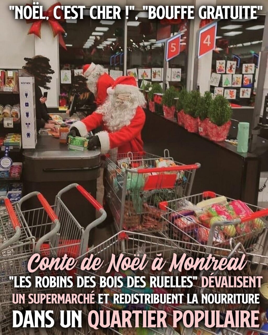 Des père Noël masqués passent à la caisse d