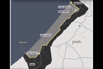 Carte de la bande de Gaza montrant la perte de territoire si la "ligne jaune" devient la nouvelle frontière.