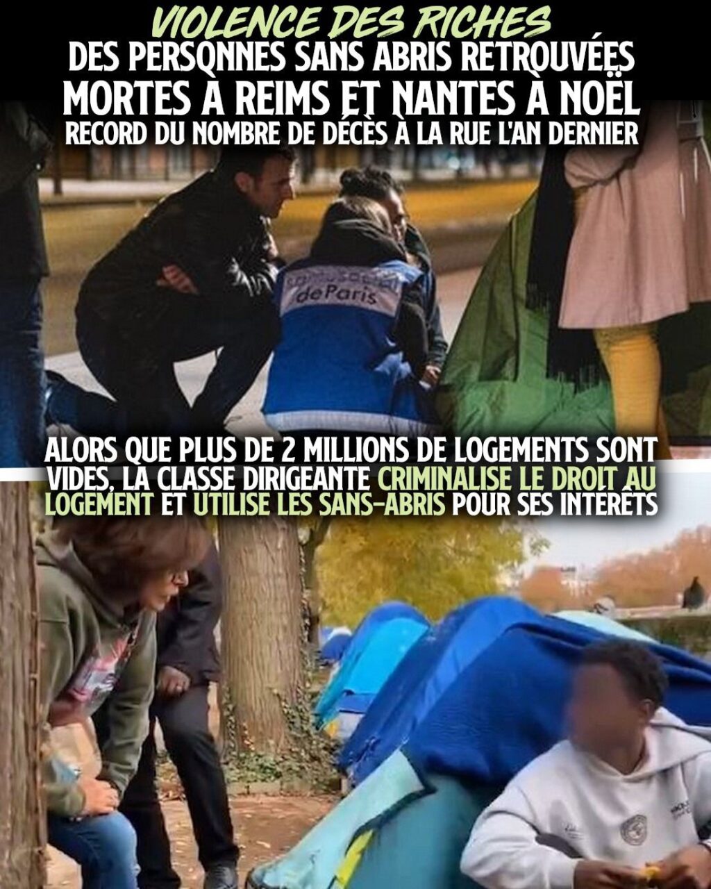 Deux images de Macron et Dati visitant des SDF dans des tentes pour leur communication, mais qui se soucient peu qu