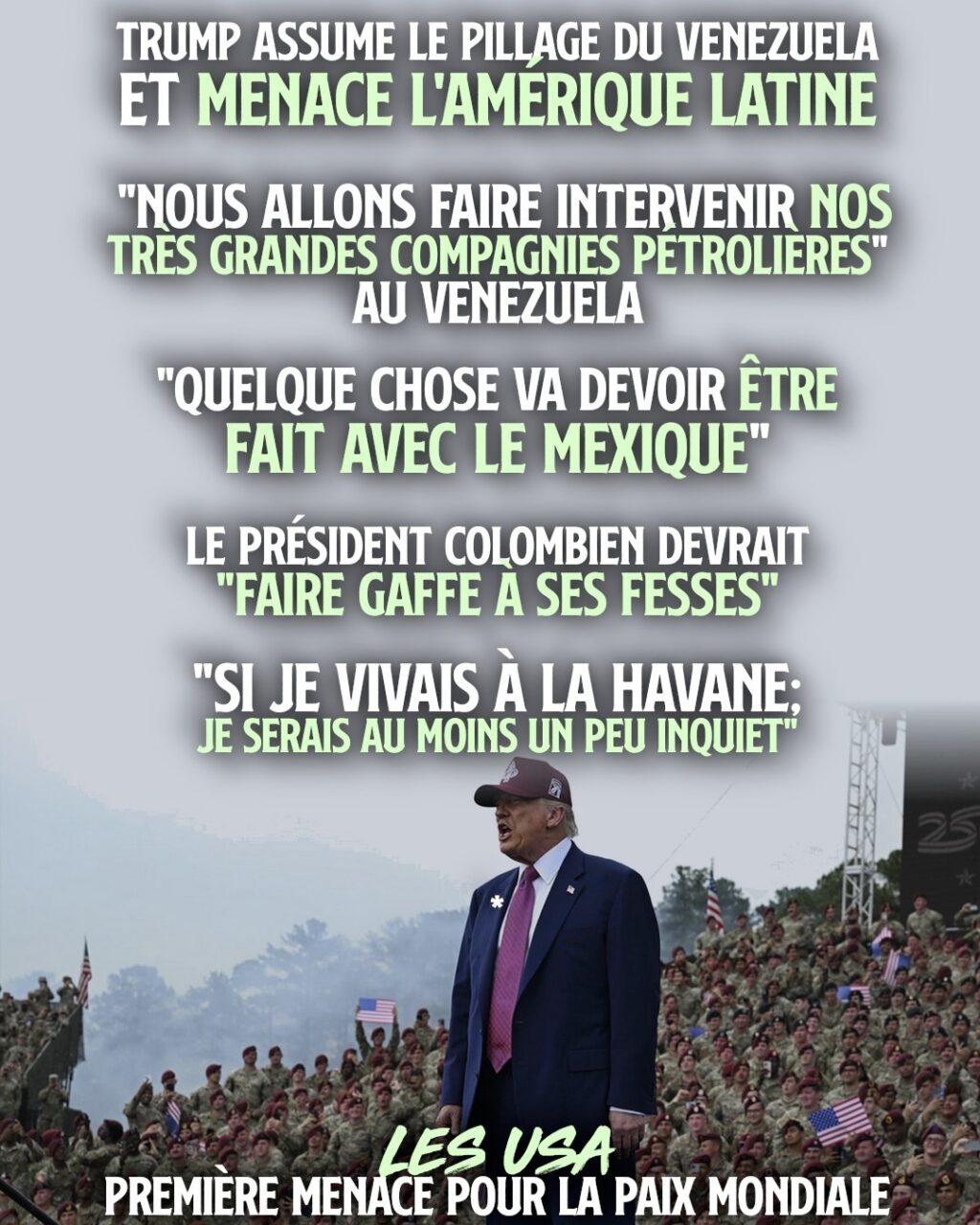 Trump réalisant un discours guerrier devant l