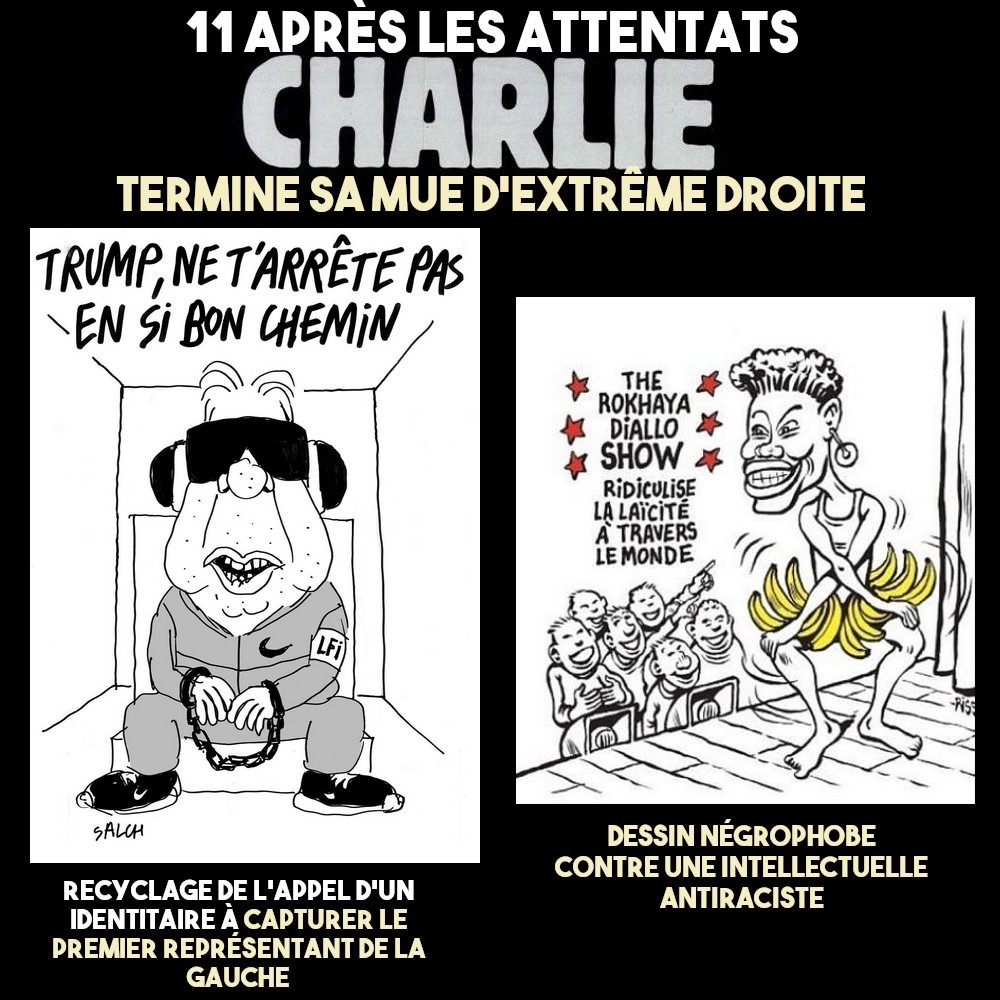 Caricature de Mélenchon à la place de Maduro, reprise des clichés négrophobes pour ridiculiser Rokhaya Diallo... Charlie Hebdo a terminé sa mue d