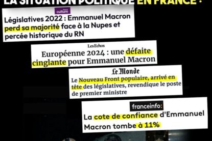 Quelques titres de presse évoquant le désastre Macron, qui ne cesse de voler les élections, surplombant l