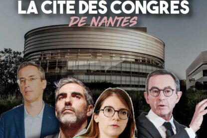 La Cité des Congrès de Nantes en arrière-plan des portraits de Pierre-Édouard Stérin, Bruno Retailleau, Aurore Bergé, et Ary Abittan