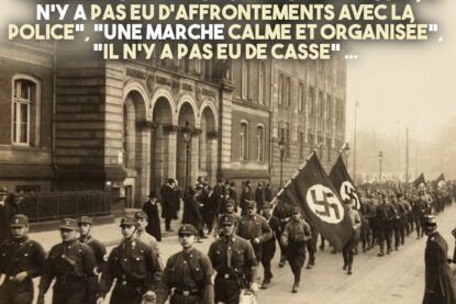 Une marche nazie se déroule dans le calme, les drapeaux à croix gammée flottent au vent.