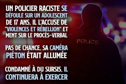 «Eh babouin ! Eh macaque !» Un policier raciste se défoule sur un adolescent de 17 ans, puis ment sur le procès-verbal. Condamné à du sursis, il continuera à exercer.