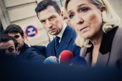 Jordan Bardella president of the Rassemblement National RN and Marine Le Pen president of the Rassemblement National RN group in the National Assembly leave the Hotel de Matignon and answer questions from journalists after a meeting with the French Prime Minister in Paris France on September 17, 2025. (Photo by Bastien Ohier / Hans Lucas via AFP)