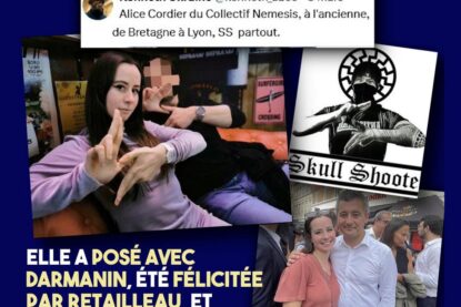 Alice Cordier, le cheffe de Némésis, faisant un signe SS avec un néo-nazi et prenant la pose avec Darmanin.
